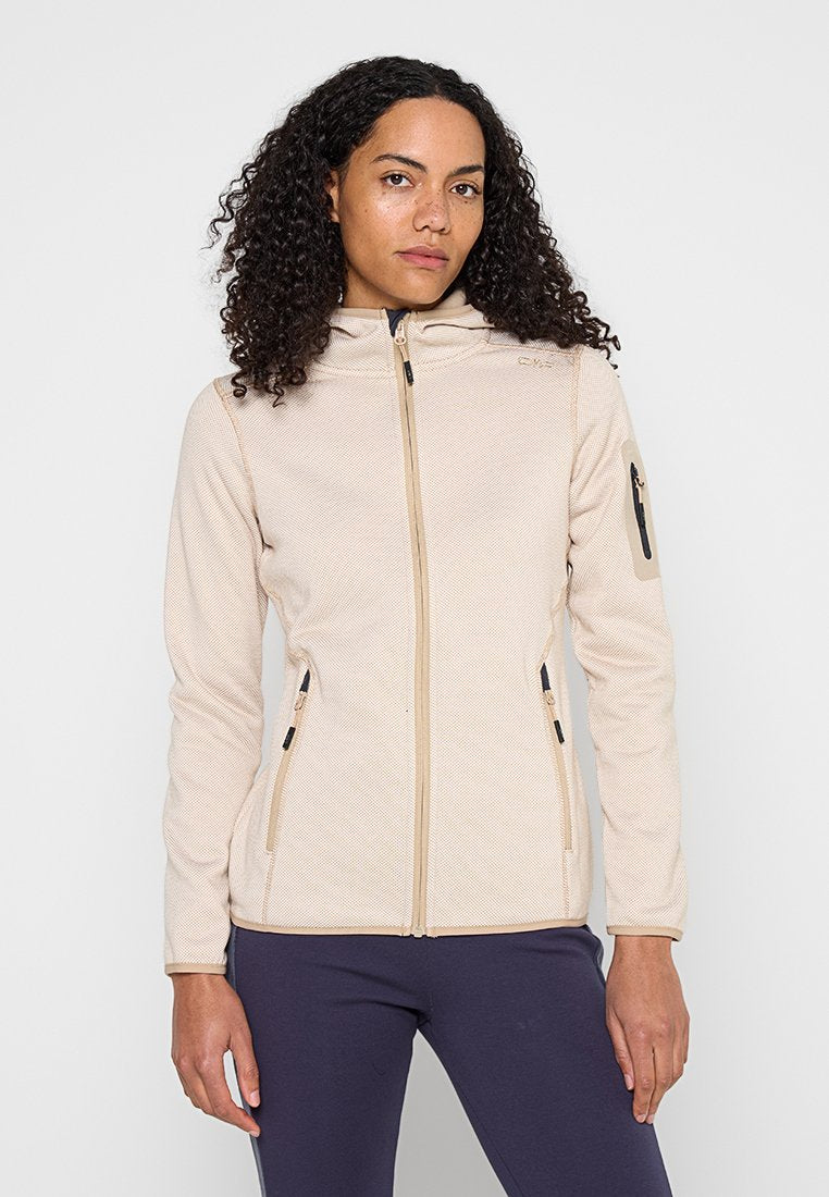 Beige Fleecejacke mit Reißverschluss und Kapuze, strukturierter Stoff, Seitentaschen mit Reißverschluss und Logodetail. Lange Ärmel mit figurbetontem Schnitt.