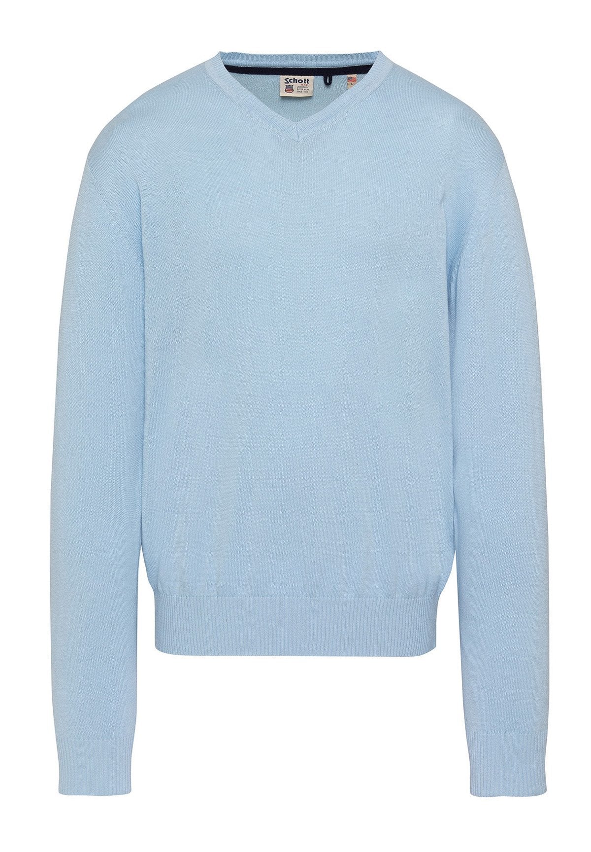 Hellblauer Pullover mit V-Ausschnitt, langen Ärmeln und gerippten Bündchen und Saum, flach auf weißem Hintergrund dargestellt.
