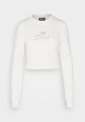 Weißer, langärmeliger, kurzer Sweatshirt mit gerippten Bündchen, Rundhalsausschnitt und grauem Diesel-Logo mit Emblem in der Mitte vorne.