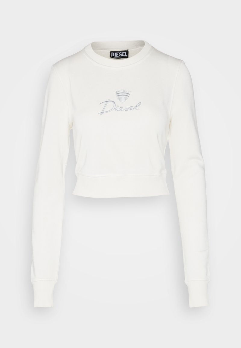 Weißer, langärmeliger, kurzer Sweatshirt mit gerippten Bündchen, Rundhalsausschnitt und grauem Diesel-Logo mit Emblem in der Mitte vorne.
