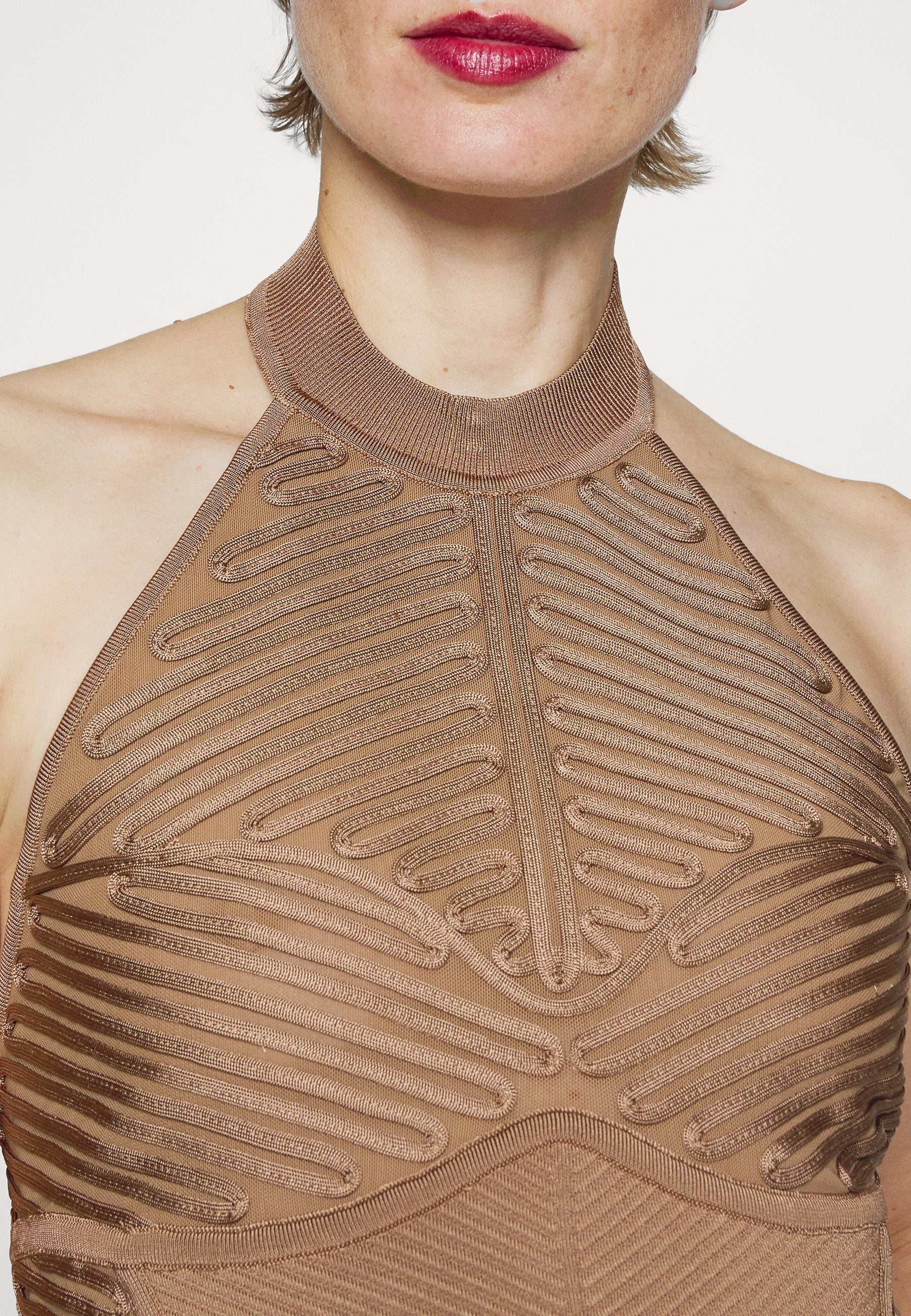 Hervé Léger LAW ROACH RIBBON EMBROIDERED HALTER GOWN