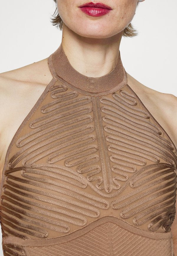 Hervé Léger LAW ROACH RIBBON EMBROIDERED HALTER GOWN