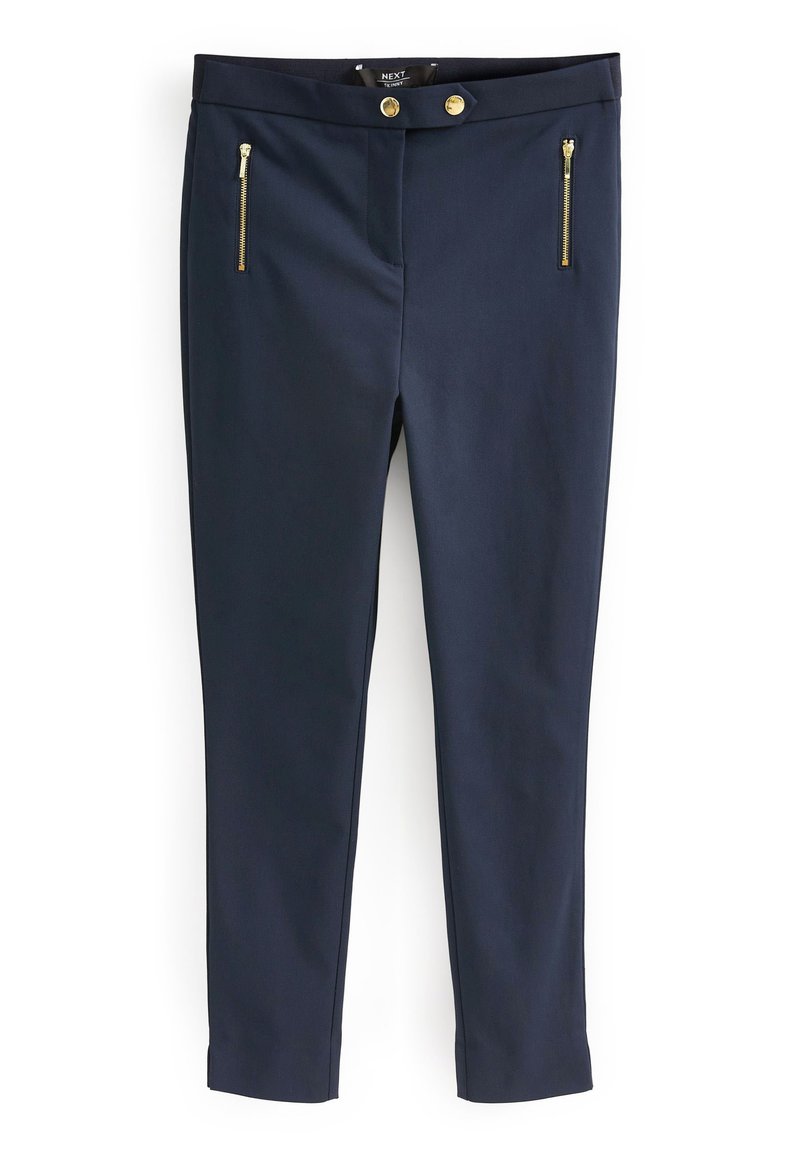 Marineblaue Hose mit glatter Textur, die goldene Reißverschlussakzente an der Vorderseite und zwei Knopfverschlüsse am Bund aufweist.