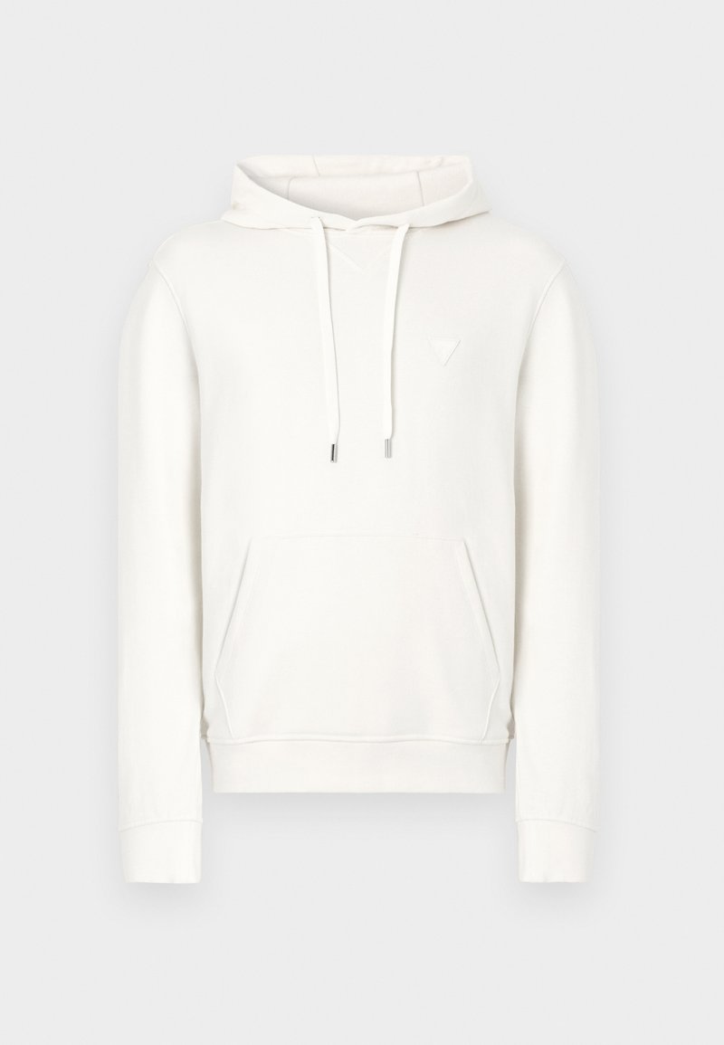 Weißer Hoodie mit Kordelzugkapuze, vorderer Kängurutasche und kleinem dreieckigem Logodetail. Weicher Stoff mit glatter Textur.
