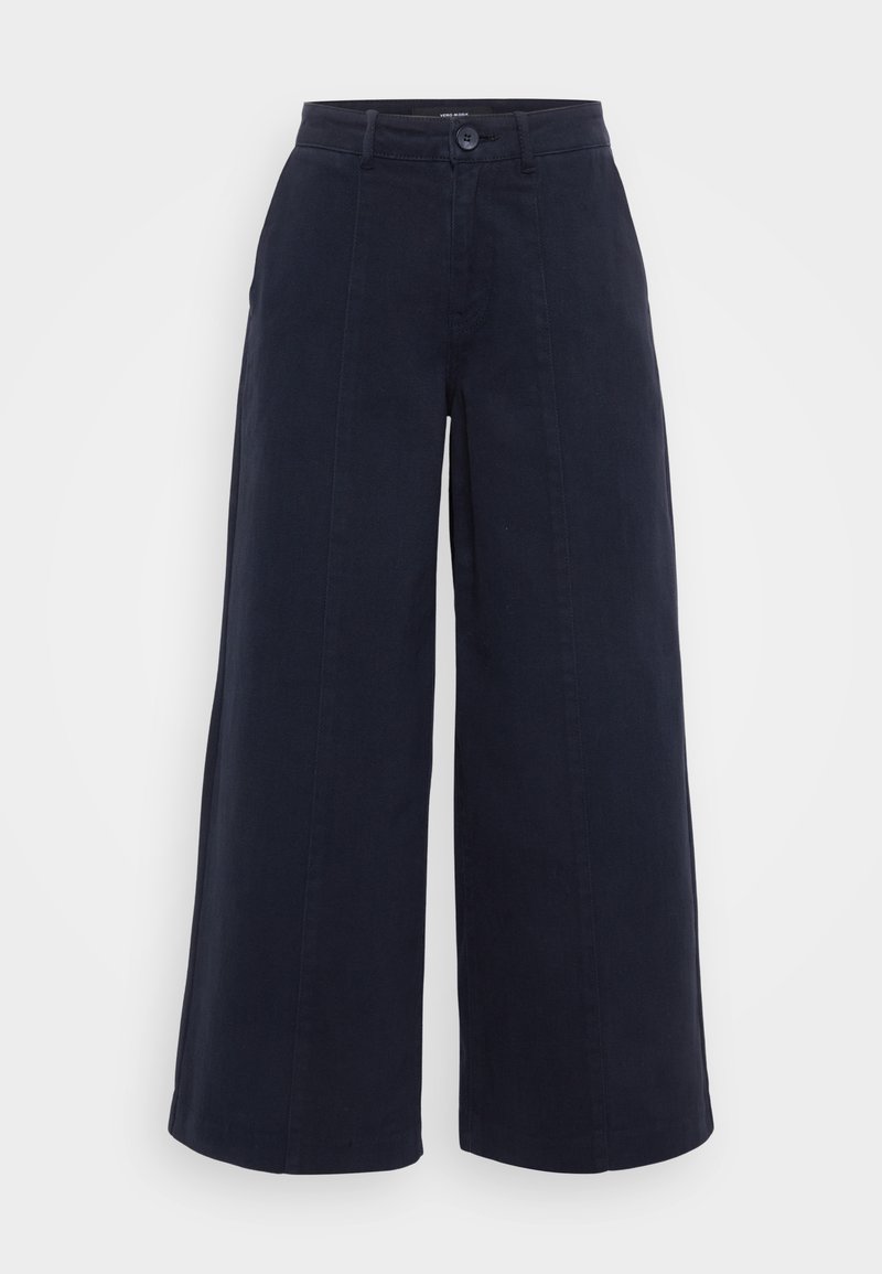 Marineblaue weite Hosen aus Baumwollgemisch, mit hoher Taille, Vorderfalten und einem einzelnen Knopfverschluss. Schlichtes und sauberes Design.