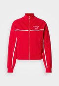 Rote Kapuzenjacke aus weichem Stoff. Mit weißen Streifen an den Schultern und seitlichen Nähten, sowie dem "tommy girl"-Logo auf der Brust. Stehkragen.