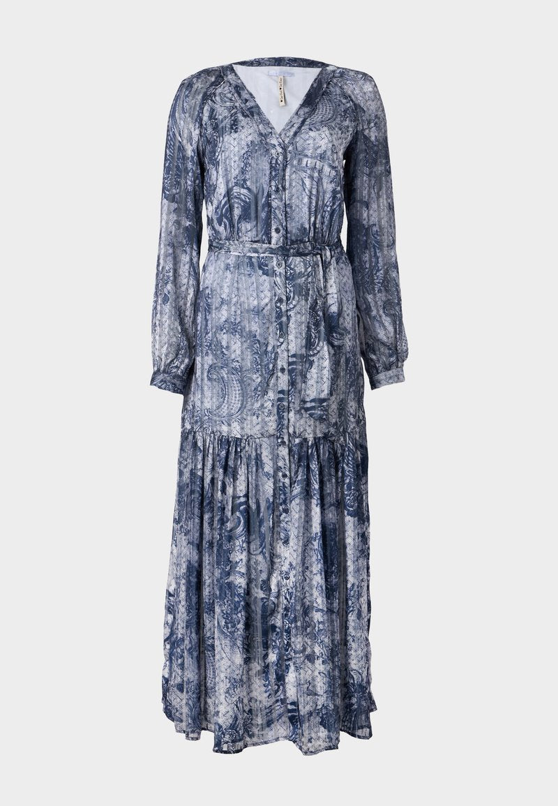 Langärmliges V-Ausschnitt-Kleid im blau-weißen Paisleymuster. Mit tailliertem Schnitt und gestuftem Rock, aus leichtem Stoff gefertigt.