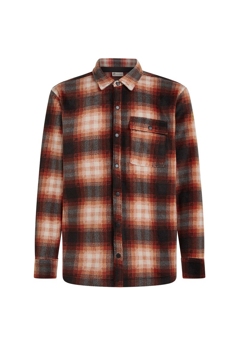 Rot-schwarz karierte Flanellhemd mit Button-Down-Kragen, langen Ärmeln und einer Brusttasche. Weicher Stoff und karierter Muster.