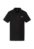 Schwarzes Poloshirt aus Baumwolle mit Kragen, Frontknöpfen und einem kleinen gestickten Logo in Rot und Gelb auf der linken Brust.