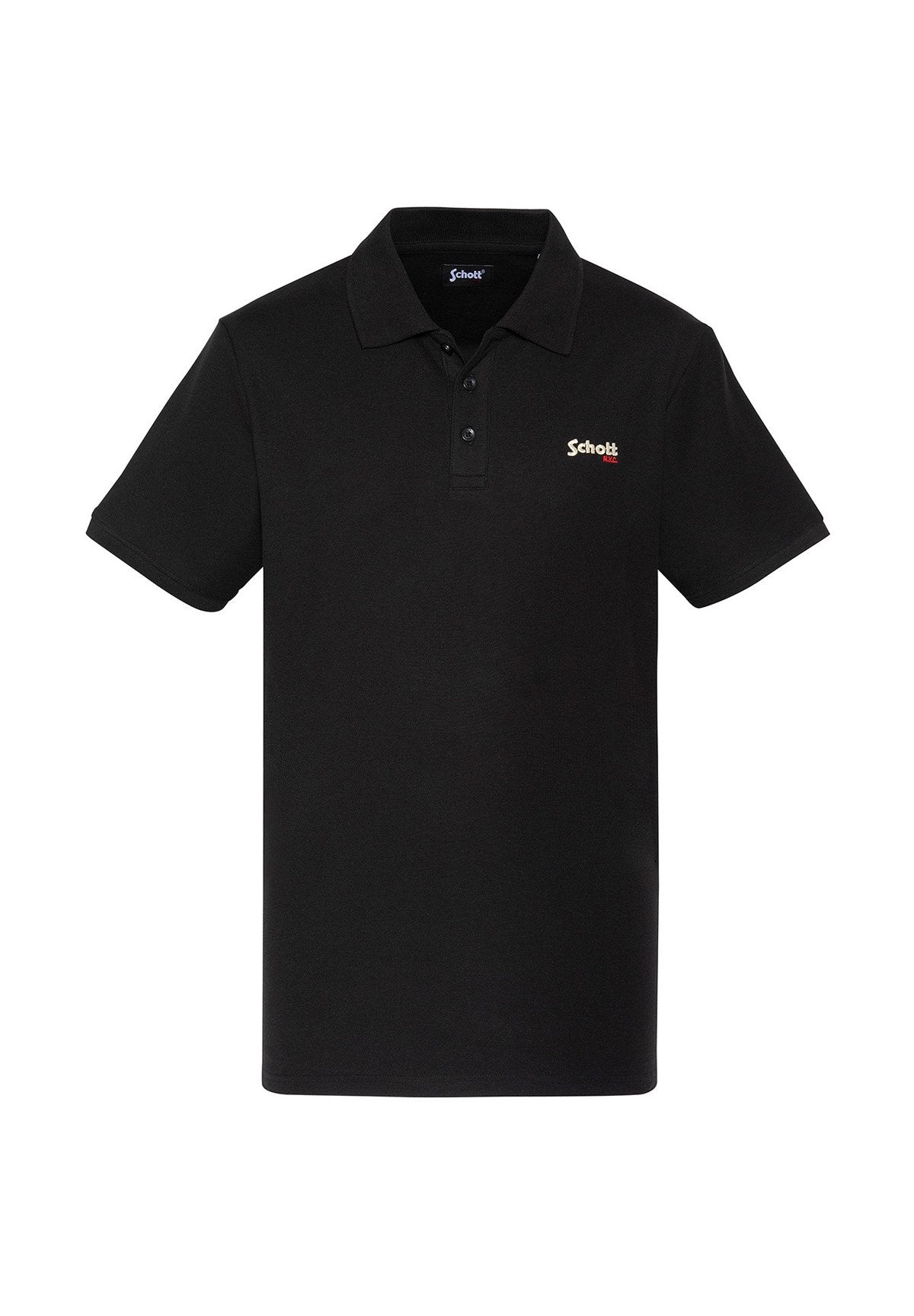 Schwarzes Poloshirt aus Baumwolle mit Kragen, Frontknöpfen und einem kleinen gestickten Logo in Rot und Gelb auf der linken Brust.