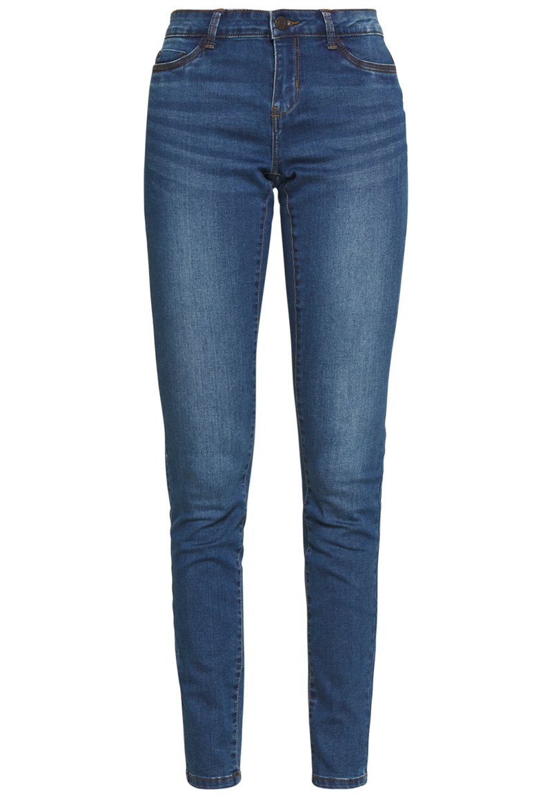 Schlanke Jeans aus dunkelblauem Denim mit hoher Taille, Fünf-Taschen-Design und dezenten Stichdetails entlang der Nähte.