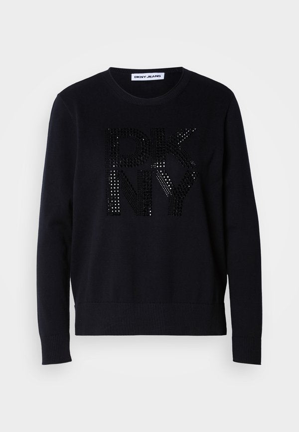 DKNY STACKED RHINESTONE EMBELLISHED LOGO LONG SLEEVE CREW NECK SWEATER