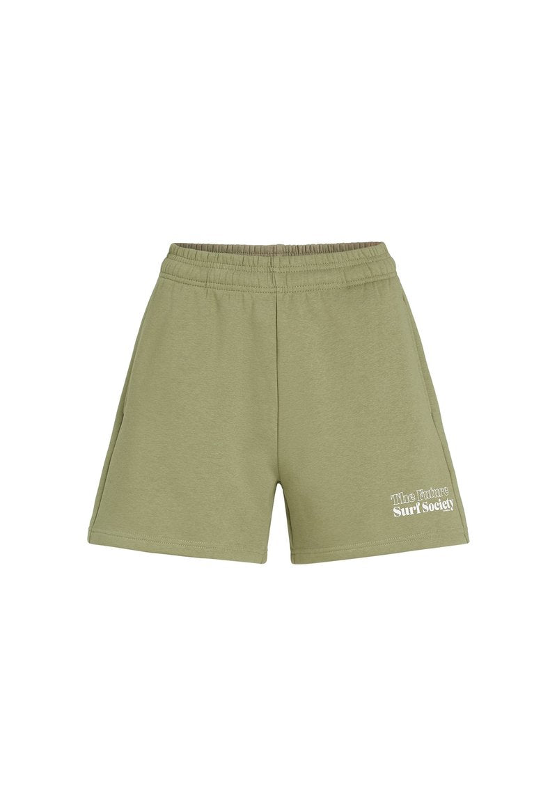 Olivgrüne Shorts aus weich dehnbarem Material mit elastischem Bund und weißem Textdruck mit der Aufschrift "Die Zukunft Surfgesellschaft."