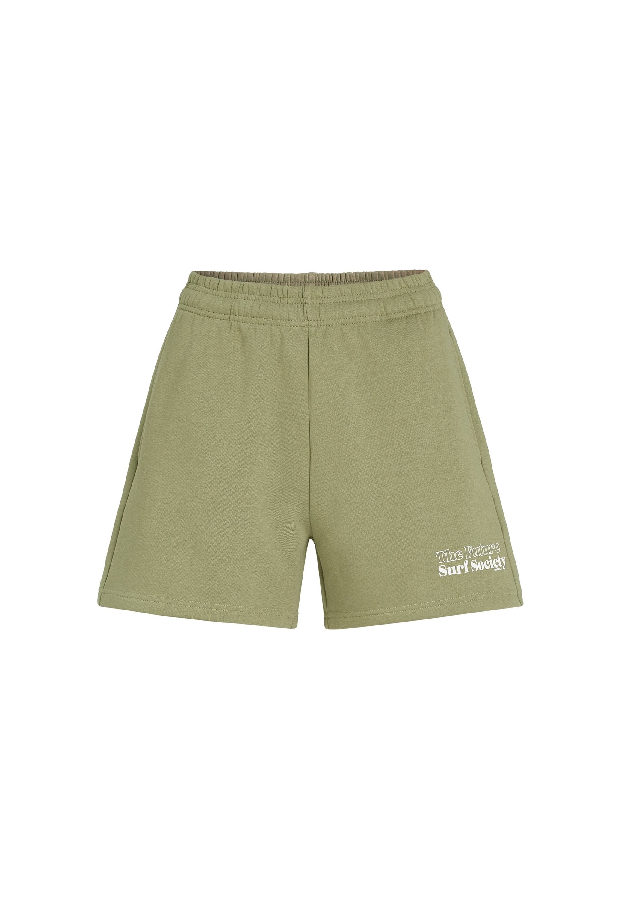 Olivgrüne Shorts aus weich dehnbarem Material mit elastischem Bund und weißem Textdruck mit der Aufschrift "Die Zukunft Surfgesellschaft."