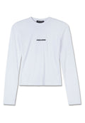 Weißes Langarmshirt aus geripptem Stoff mit einem gekürzten Design und schwarzem "PEGADOR"-Logo auf der Brust. Weicher Stoff mit rundem Halsausschnitt.