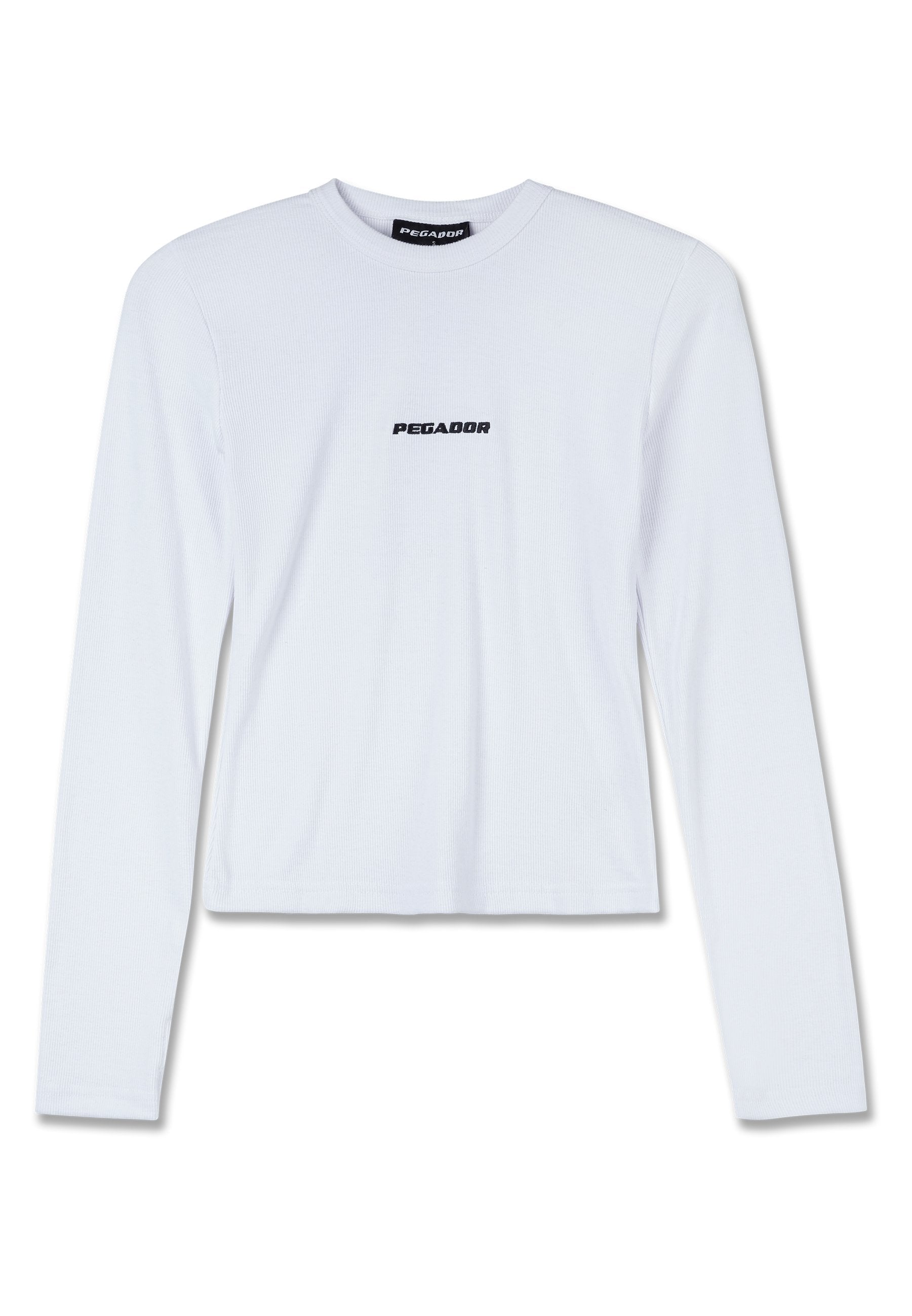 Weißes Langarmshirt aus geripptem Stoff mit einem gekürzten Design und schwarzem "PEGADOR"-Logo auf der Brust. Weicher Stoff mit rundem Halsausschnitt.
