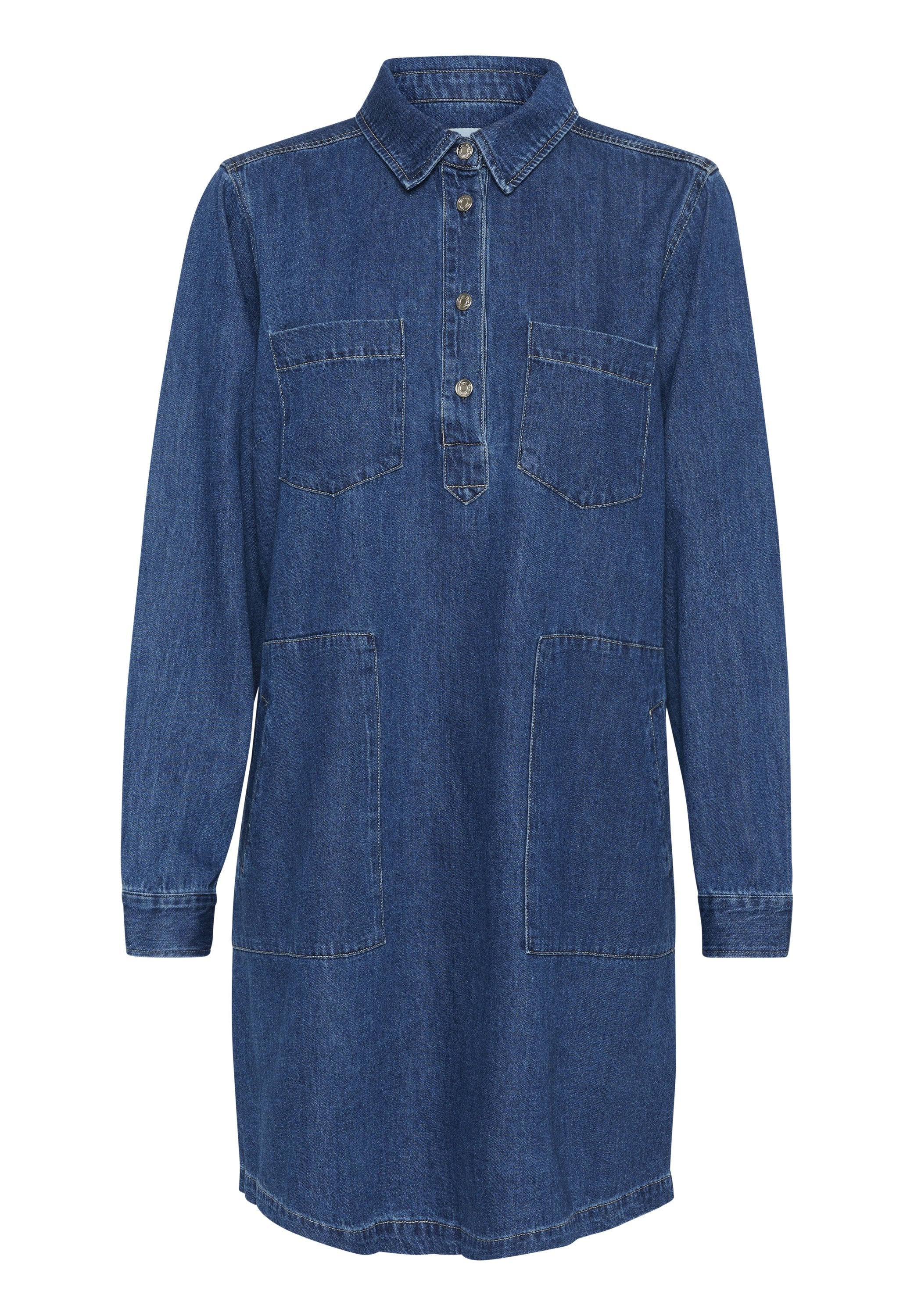 Das Jeanshemdkleid verfügt über eine Knopfleiste, einen Kragen, lange Ärmel und zwei Brusttaschen. Es hat eine mittellange Länge bis zur Oberschenkelmitte und einen geraden Schnitt.