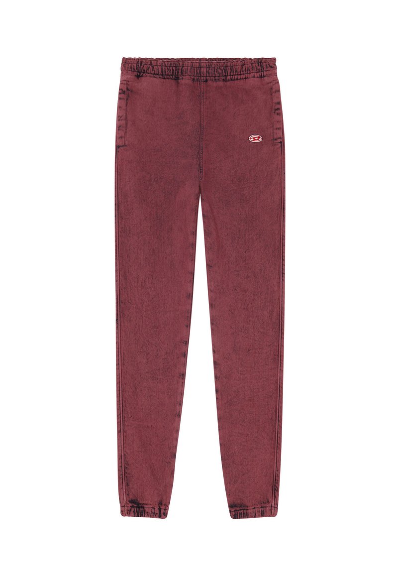 Bordeauxfarbene Acid-Wash-Jogginghosen mit elastischem Bund, seitlichen Taschen, gerippten Knöcheln und einem kleinen rot-weißen ovalen Logo am rechten Oberschenkel.