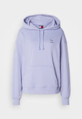 Hellblaue Kapuzenjacke aus weichem Material. Verfügt über eine Fronttasche, eine verstellbare Kapuze und ein kleines Logo-Patch auf der Brust. Rippbündchen.