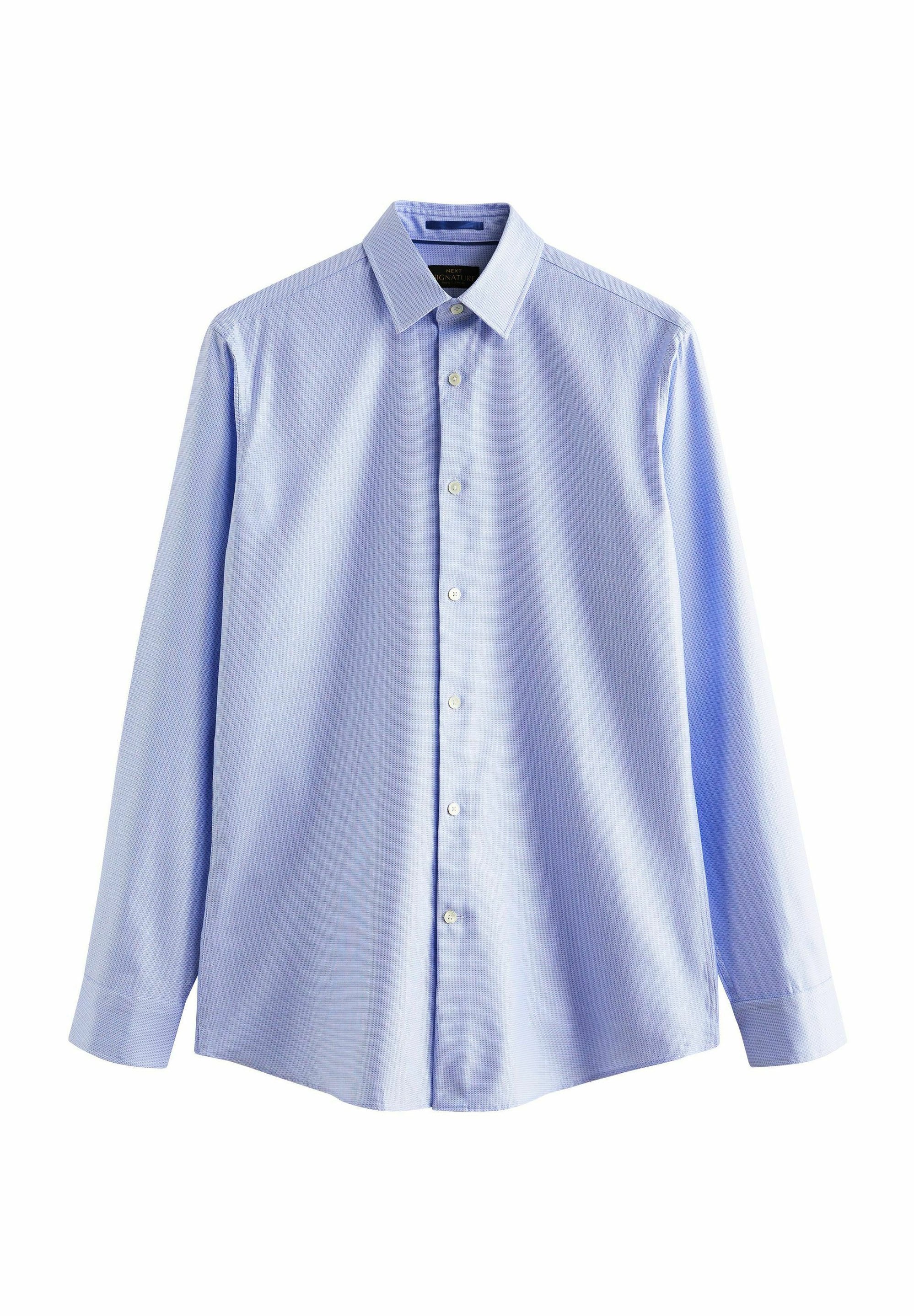 Hellblaue Langarmbluse mit Button-Down-Kragen, aus strukturiertem Stoff, mit einer vorderen Knopfleiste und Einknopfbündchen.