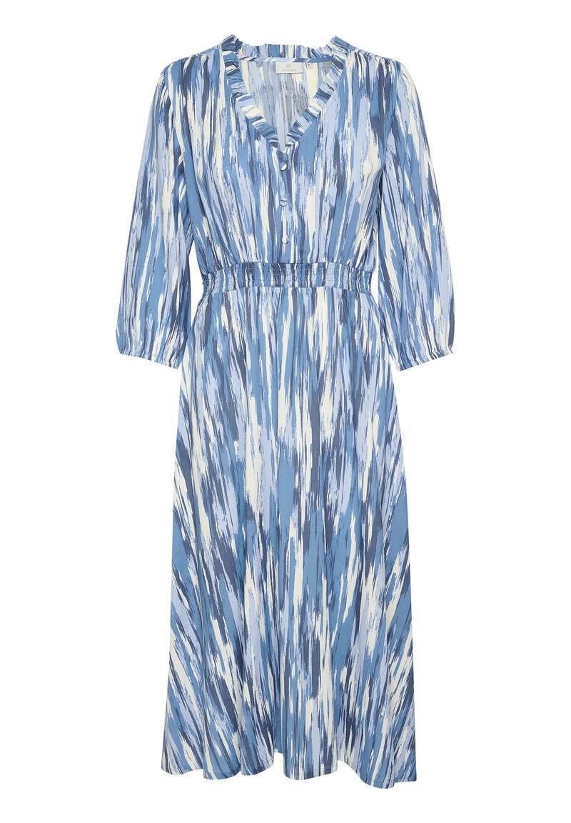 Blaues Kleid mit langen Ärmeln, V-Ausschnitt und Rüschensaum. Merkmale sind eine smocked Taille und ein abstraktes, wellenförmiges Muster in verschiedenen Blautönen und Weiß.