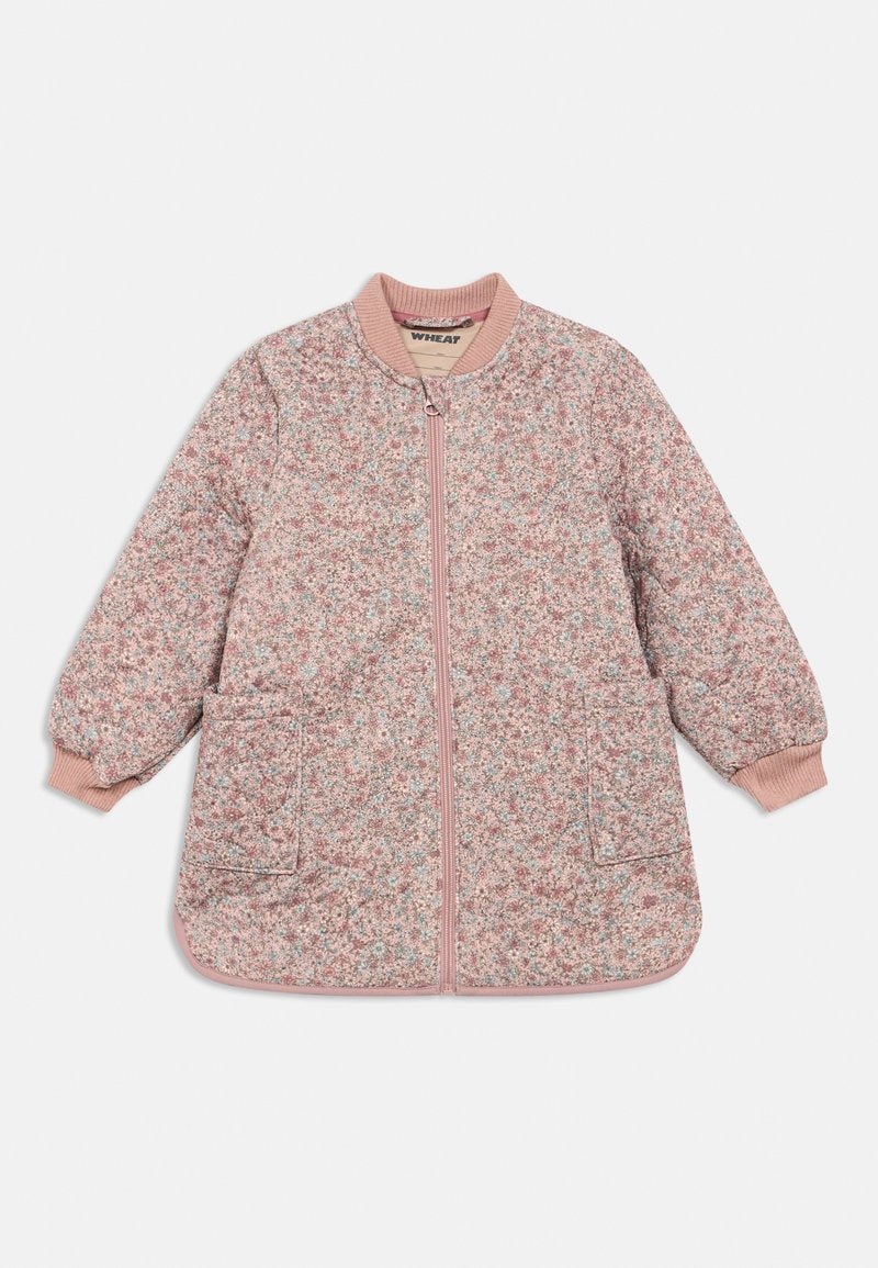 Puffige rosa gesteppte Jacke mit floralem Muster, geripptem Kragen und Bündchen, Frontreißverschluss und zwei Seitentaschen.