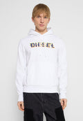 Weißer Hoodie mit einer frontalen Kängurutasche, Kapuze mit Kordelzug und einem bunten "DIESEL"-Logo über der Brust. Weicher Stoff mit glatter Textur.