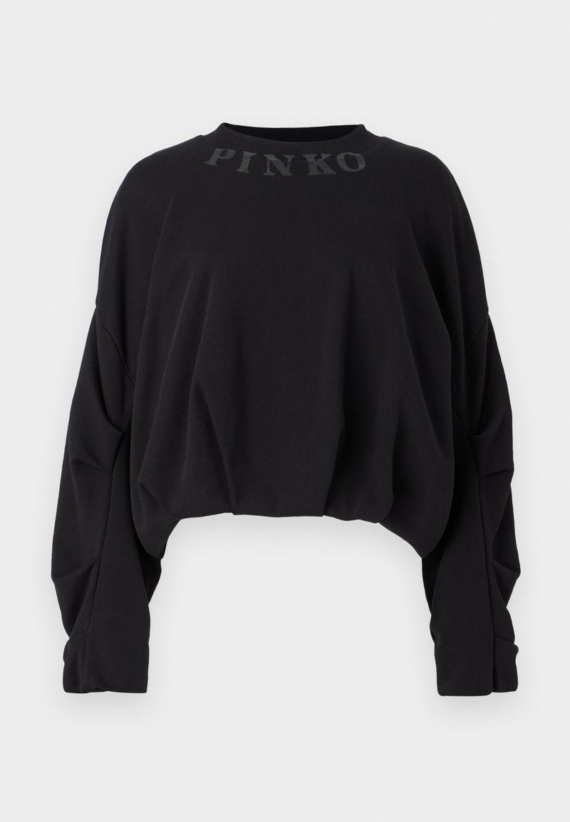  Schwarzer, verkürzter Sweatshirt aus weichem Stoff, mit rundem Ausschnitt und langen Ärmeln. "PINKO"-Logo prägedruckt auf der Vorderseite.