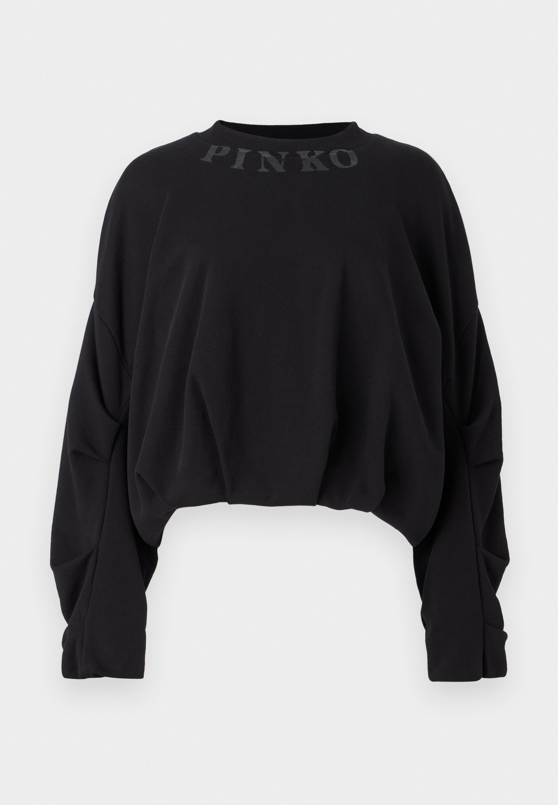  Schwarzer, verkürzter Sweatshirt aus weichem Stoff, mit rundem Ausschnitt und langen Ärmeln. "PINKO"-Logo prägedruckt auf der Vorderseite.