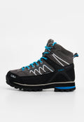 Graue und schwarze Wanderschuhe mit wasserdichtem Design, blauen Schnürsenkeln und Akzenten, einer strukturierten Oberfläche und einer robusten Sohle für guten Halt.