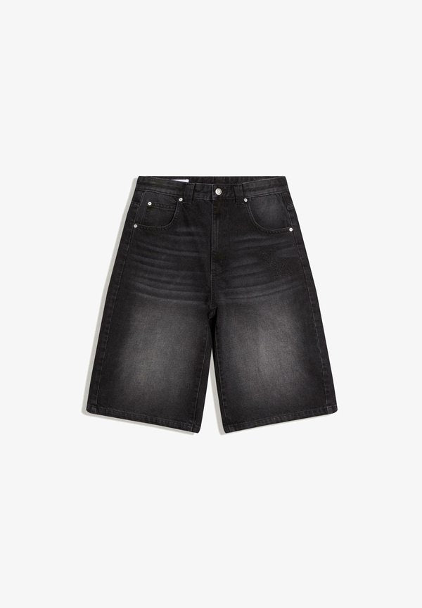 Bershka EMBOSS BAGGY DENIM - SHORT - Denim shorts - black