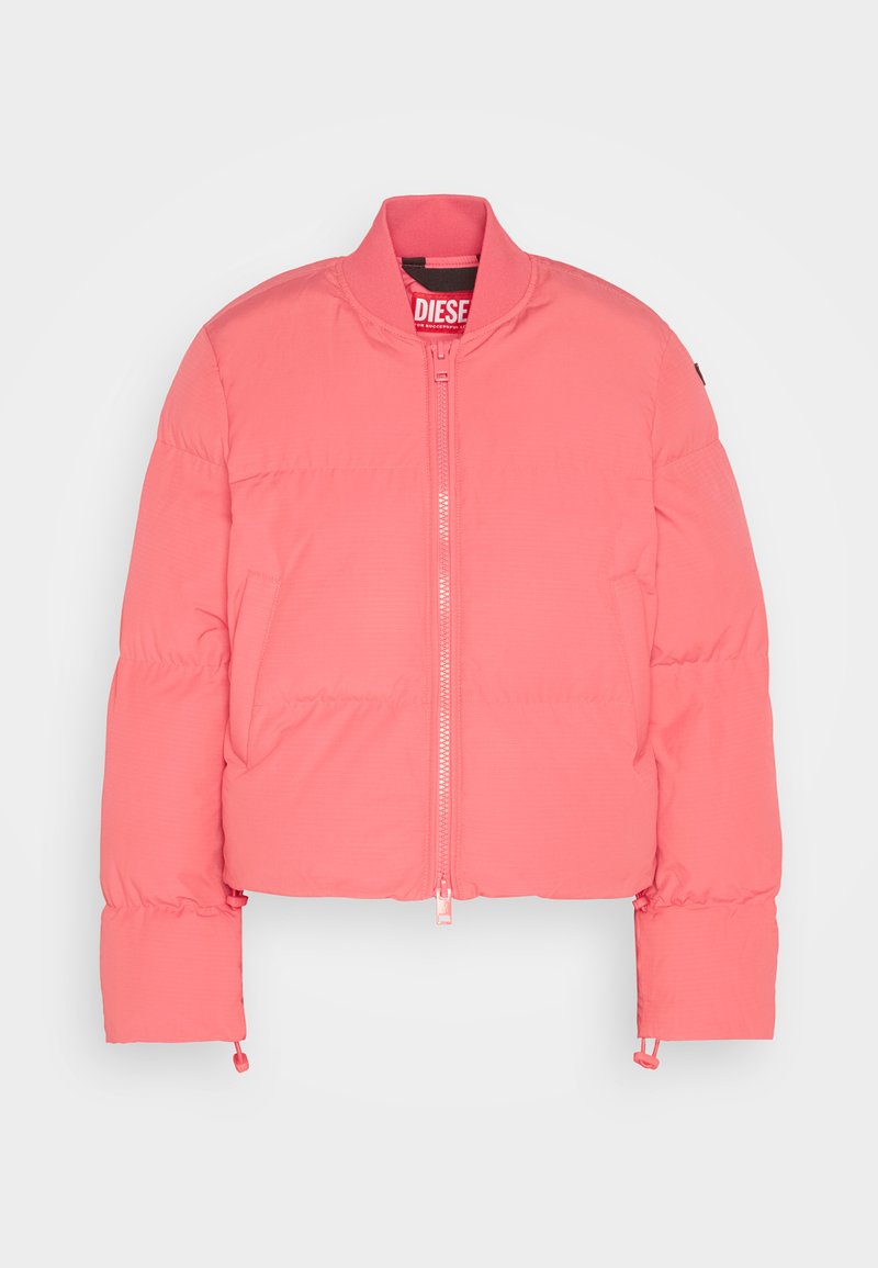 Rosa, kurz geschnittene Pufferjacke mit einem Frontreißverschluss, geripptem Kragen, Seitentaschen und elastischen Manschetten. Hergestellt aus leichtem, gepolstertem Stoff.