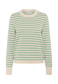 Gestreifter Pullover in Creme und Mintgrün, mit Rundhalsausschnitt und gerippten Bündchen. Hergestellt aus weichem, leichtem Strickmaterial.