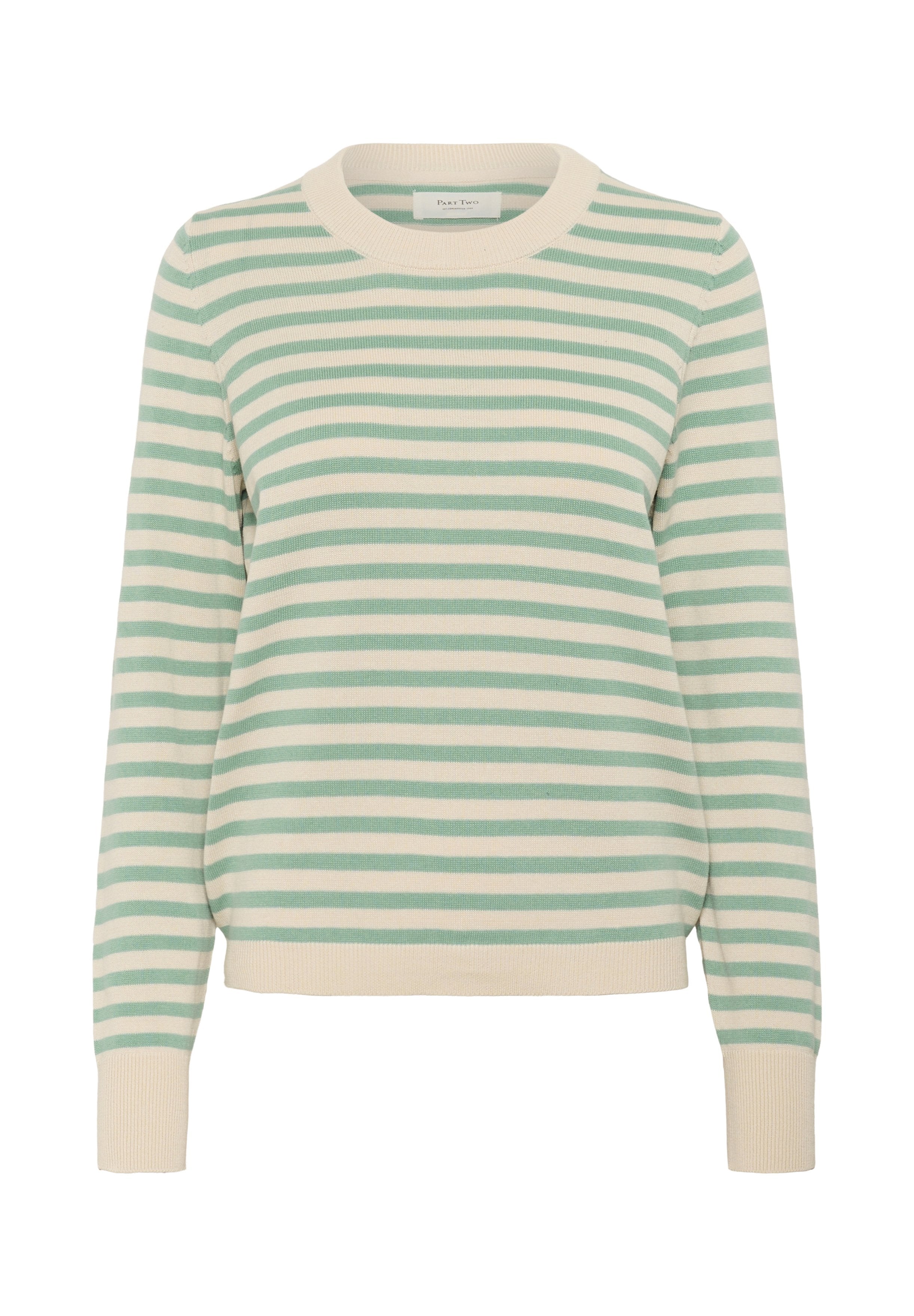 Gestreifter Pullover in Creme und Mintgrün, mit Rundhalsausschnitt und gerippten Bündchen. Hergestellt aus weichem, leichtem Strickmaterial.