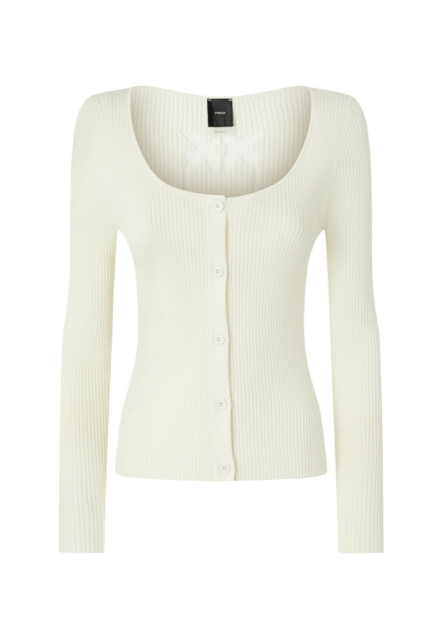 Weißer gerippter Cardigan mit langen Ärmeln, ausgestattet mit einem Rundhalsausschnitt, durchgehender Knopfleiste und einem strukturierten Stoffdesign.