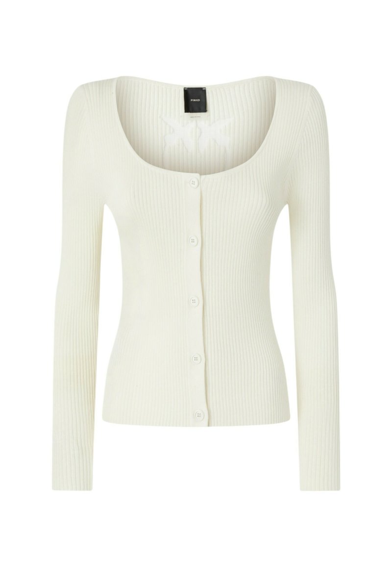 Weißer gerippter Cardigan mit langen Ärmeln, ausgestattet mit einem Rundhalsausschnitt, durchgehender Knopfleiste und einem strukturierten Stoffdesign.