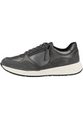 Graue Leder- und Wildleder-Sneaker mit runder Zehenform, Schnürung, Reißverschlussdetail, weicher Innenausstattung und einer kontrastierenden weißen Zwischensohle.