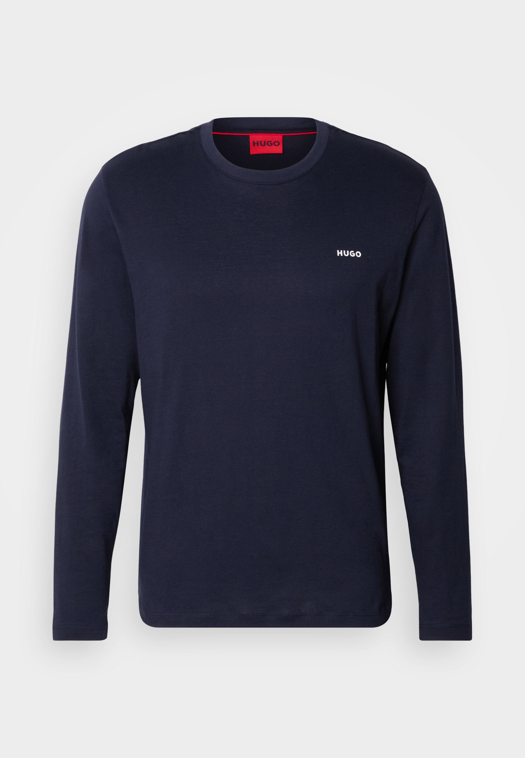 Navy Langarm-T-Shirt aus Baumwolle mit rundem Halsauschnitt, weißem "HUGO"-Logo auf der Brust und glatter, einfacher Textur.