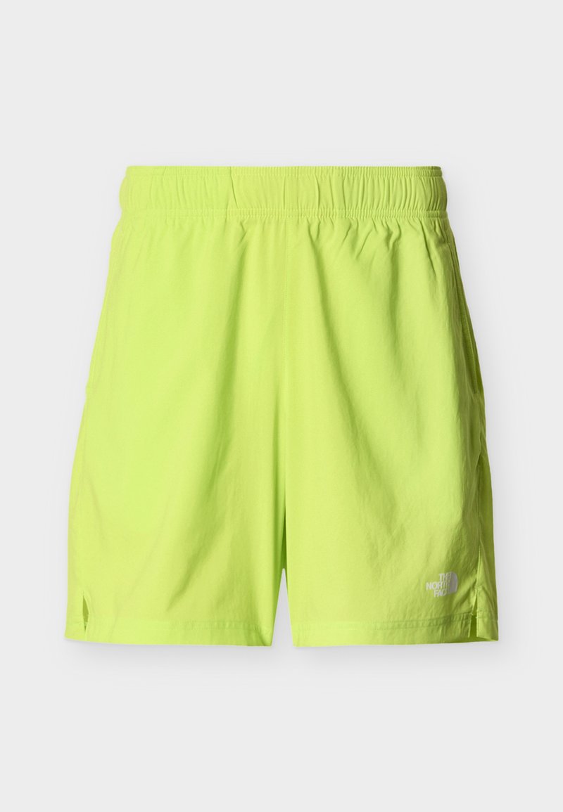 Helles gelbgrünes Sportshorts mit elastischem Bund, Seitentaschen, kleinen seitlichen Schlitzen und weißem The North Face Logo am linken Bein.