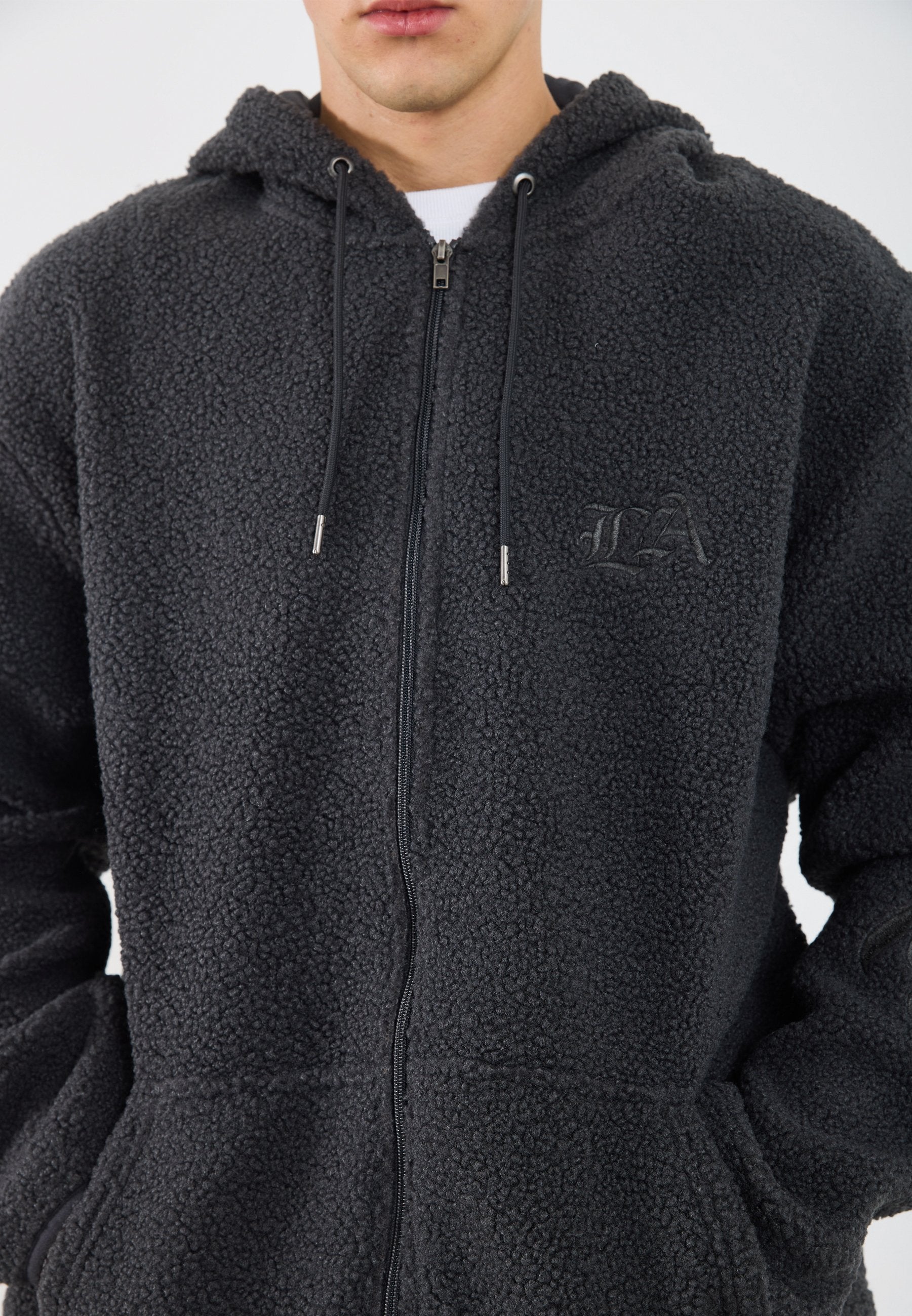 YOURTURN UNISEX TEDDY RELAXED FIT EMBROIDERED HOODIE