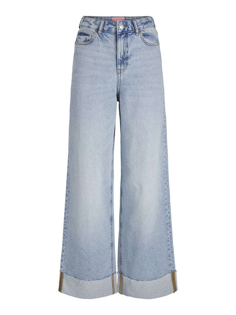 Helles Blau weite Jeans mit hoher Taille, fransigen Säumen und kontrastierenden Nähdetails, aus Denim-Stoff gefertigt.