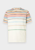 Kurzärmeliges T-Shirt mit Rundhalsausschnitt und mehrfarbigen horizontalen Streifen auf der oberen Hälfte und den Ärmeln, untere Hälfte uni in Off-White.