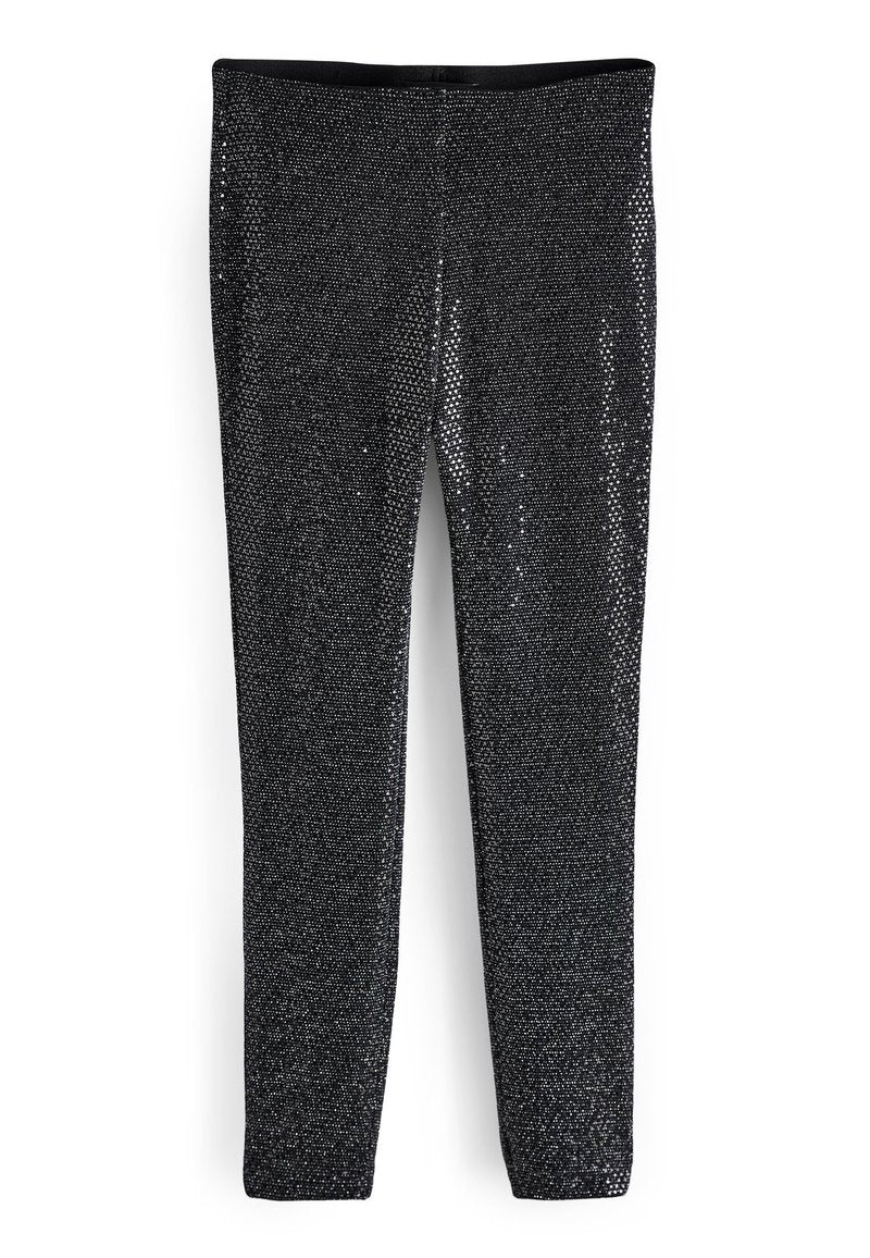 Schwarze Leggings, die mit glänzenden Pailletten bedeckt sind, mit einem figurbetonten Design und einem elastischen Bund. Die strukturierte Oberfläche sorgt für visuelles Interesse.