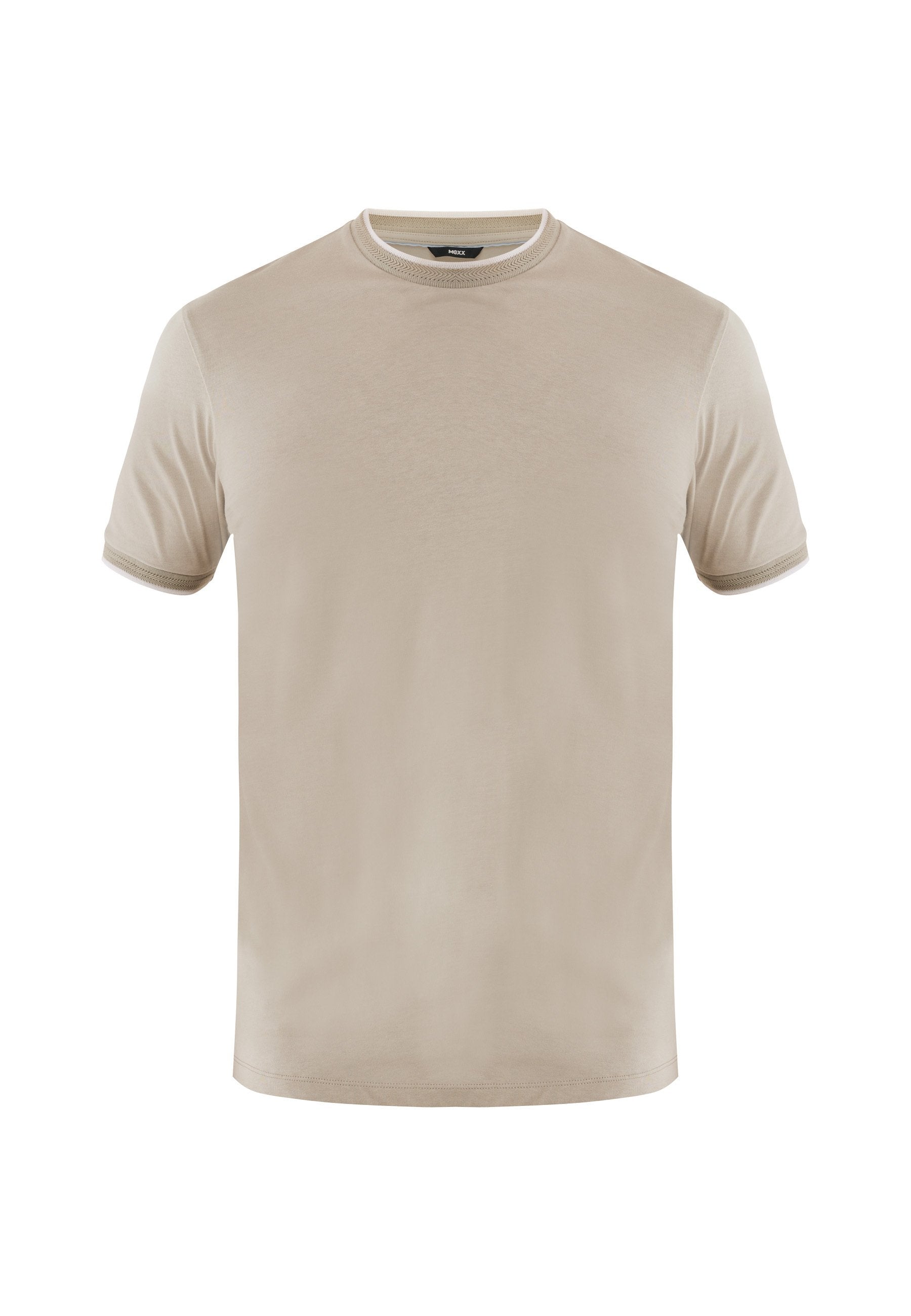 Beige Kurzarm-T-Shirt aus weichem Stoff. Mit einem runden Ausschnitt mit kontrastierendem Besatz und einem geraden Saum. Glatte Textur.