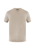Beige Kurzarm-T-Shirt aus weichem Stoff. Mit einem runden Ausschnitt mit kontrastierendem Besatz und einem geraden Saum. Glatte Textur.