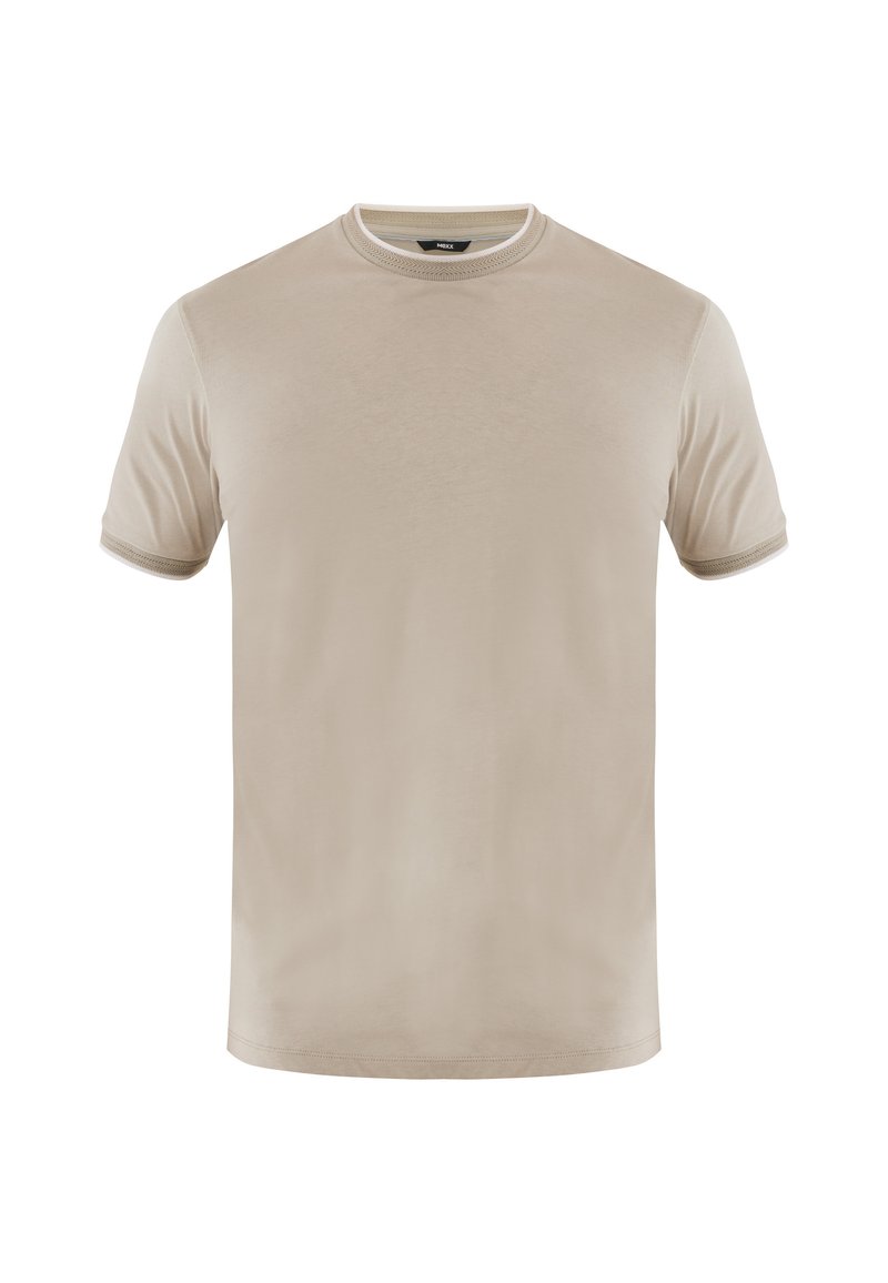 Beige Kurzarm-T-Shirt aus weichem Stoff. Mit einem runden Ausschnitt mit kontrastierendem Besatz und einem geraden Saum. Glatte Textur.