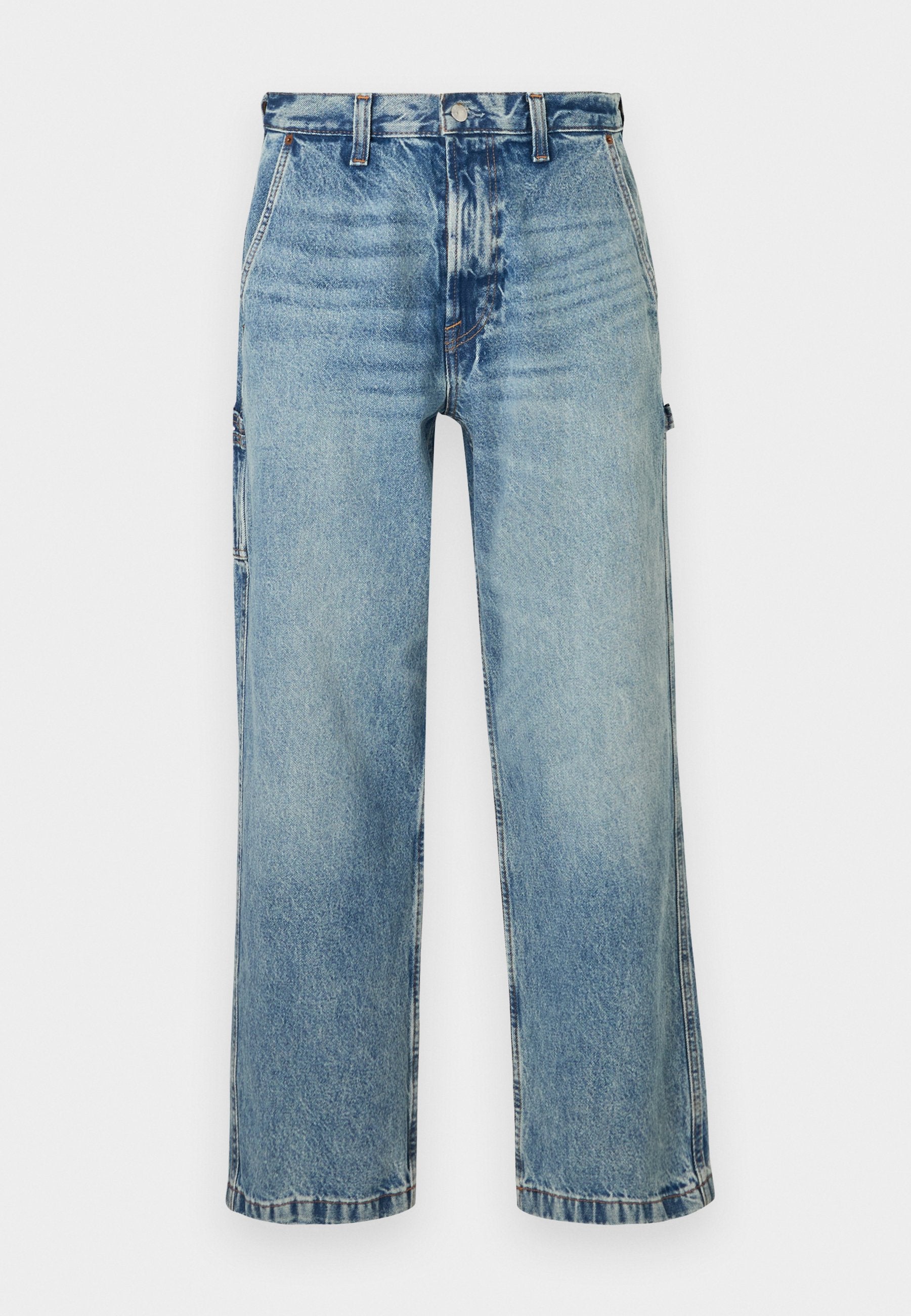 Hellblaue Denim-Jeans mit lockerer Passform, geraden Beinen, gewaschenem Look und fünf Taschen. Mit einem Bund mit Gürtelschlaufen und Ziernähten.