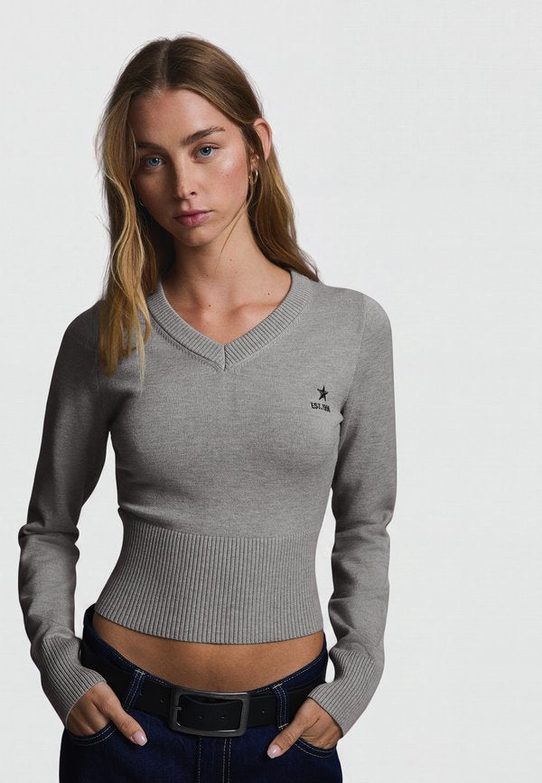 Bershka EMBROIDERED V-NECK JUMPER - Jumper - grey