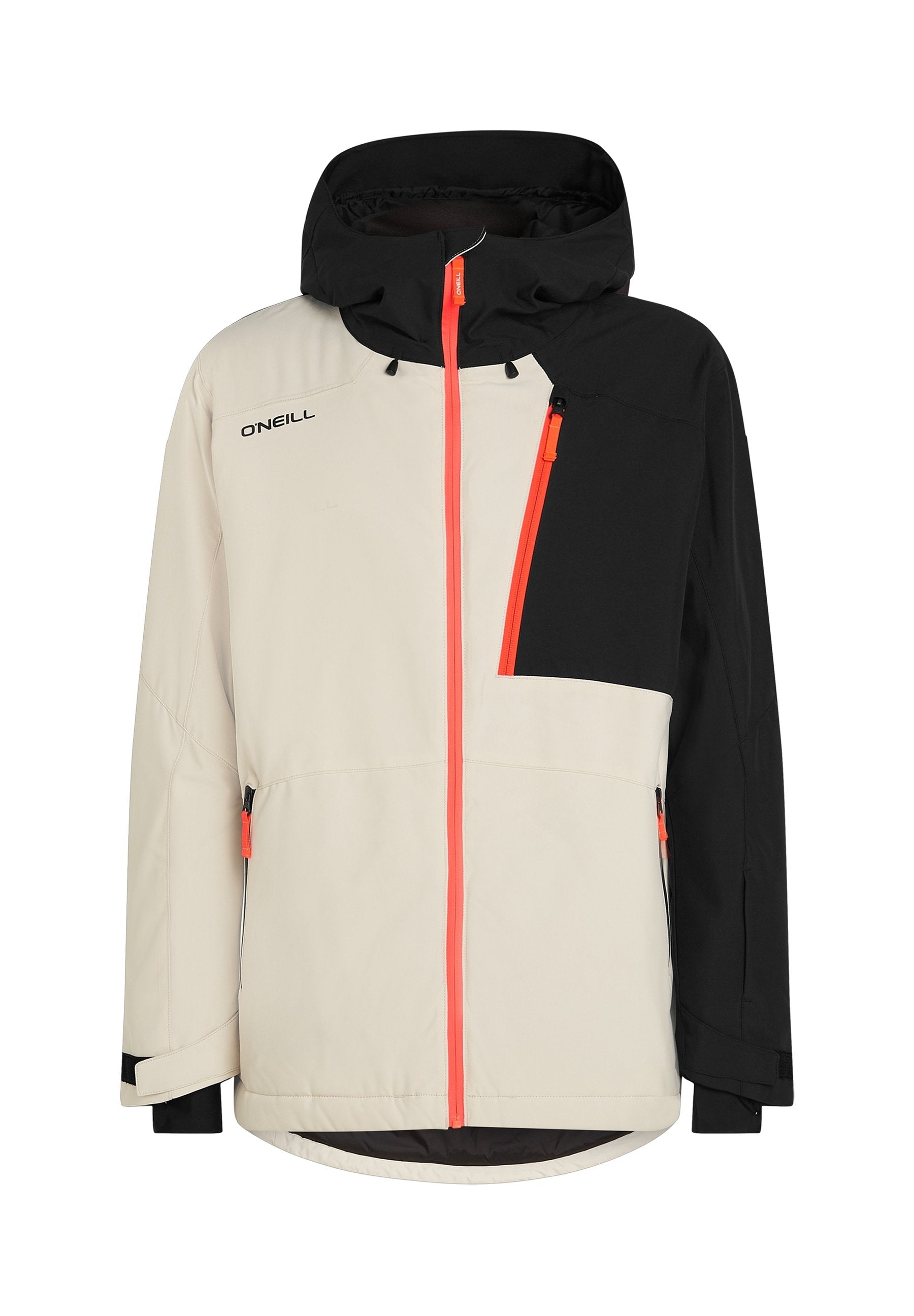 Zwei-farbige beige und schwarze Kapuzenjacke mit leuchtend orangefarbenen Reißverschlüssen und O'Neill-Logo auf der Brust, mit Reißverschlusstaschen und verstellbaren Bündchen.