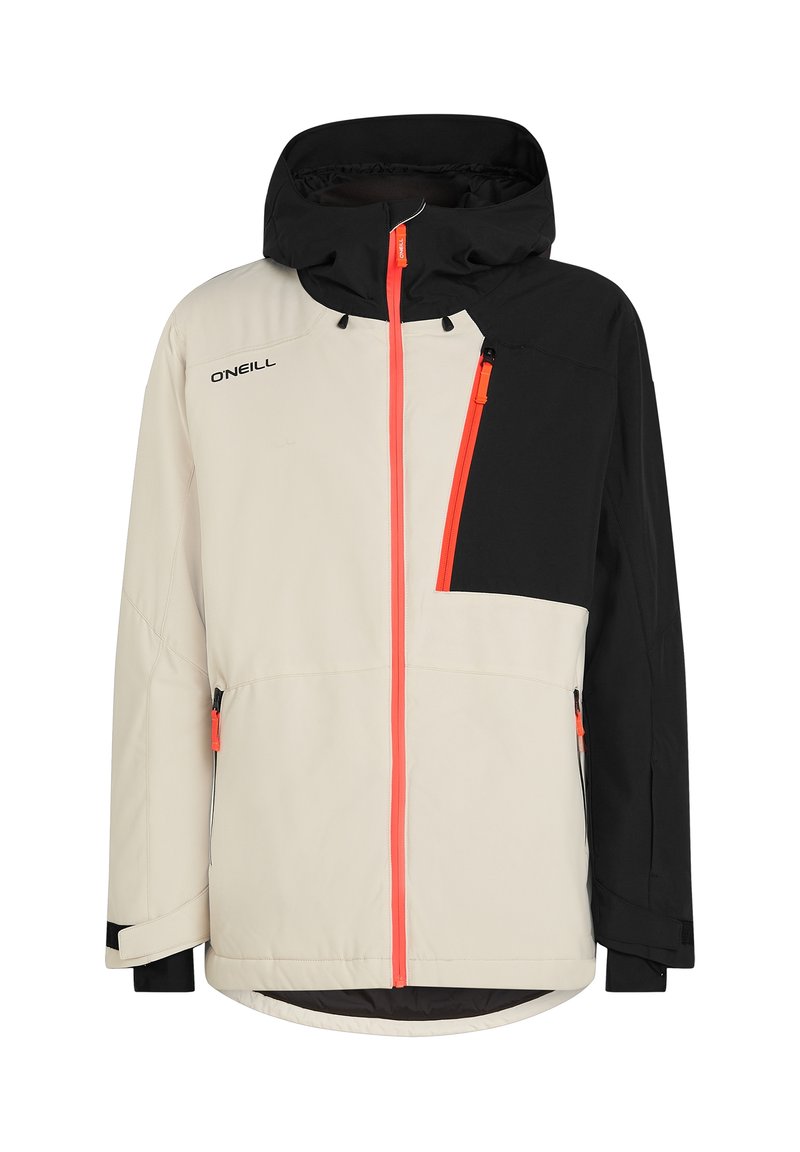 Zwei-farbige beige und schwarze Kapuzenjacke mit leuchtend orangefarbenen Reißverschlüssen und O'Neill-Logo auf der Brust, mit Reißverschlusstaschen und verstellbaren Bündchen.